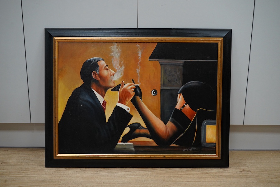 Style of Vettriano, oil on canvas, ‘Fetish’, 49 x 69cm. Condition - good